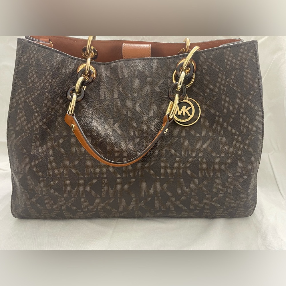 Michael Kors Brown Logo Tote with Gold-Tone Chain Handles